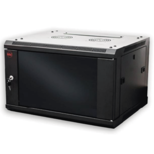 Rack Mural 19″ – 6 Unidades 500mm Prof. – Negro – Puerta de Vidrio – Desarmado – GLC